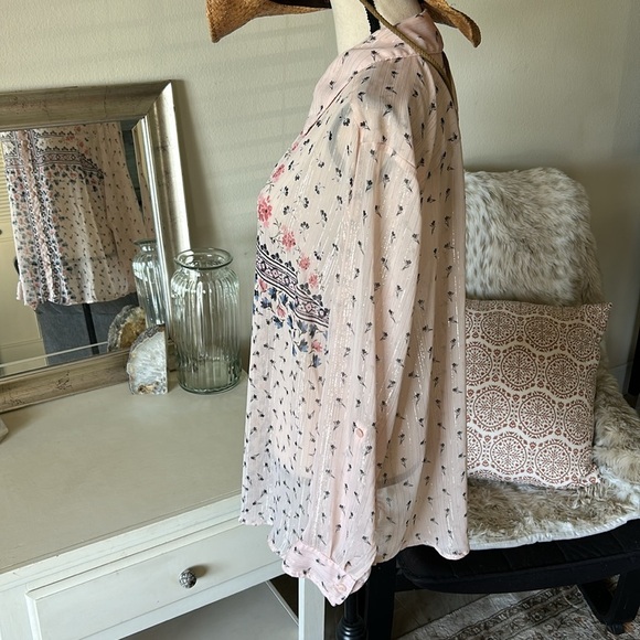 Style & Co XXL baby pink semi share button down Boho floral metallic blouse​​​ - Picture 7 of 14